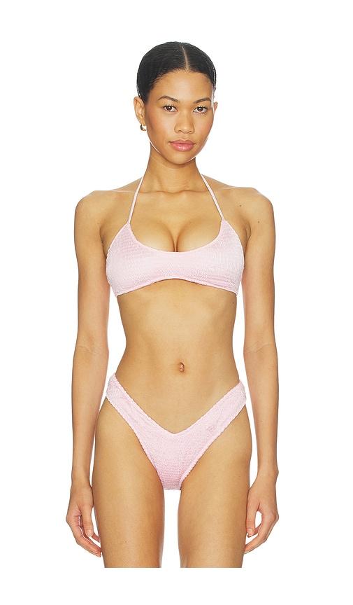 skims satin swim smocked scoop bikini top in pink. - size m (also in s, xs)