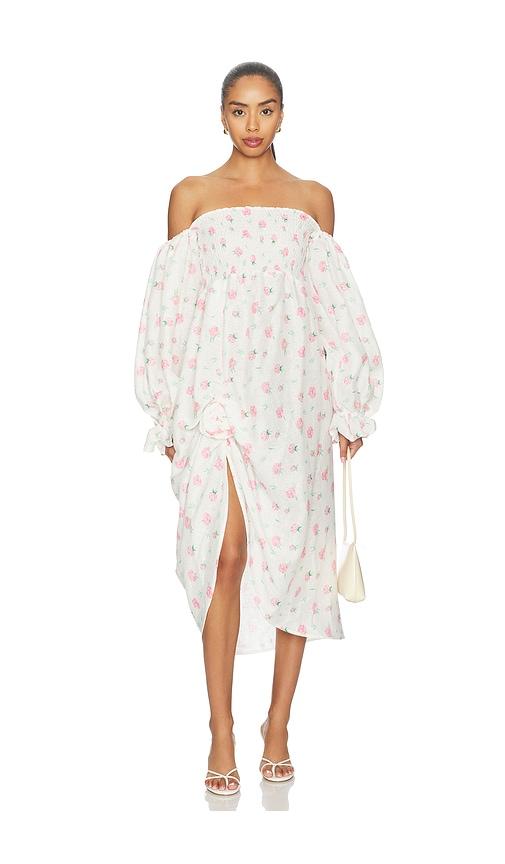 sleeper atlanta linen dress with rose detail in cream. - size l (also in xs, s, m)