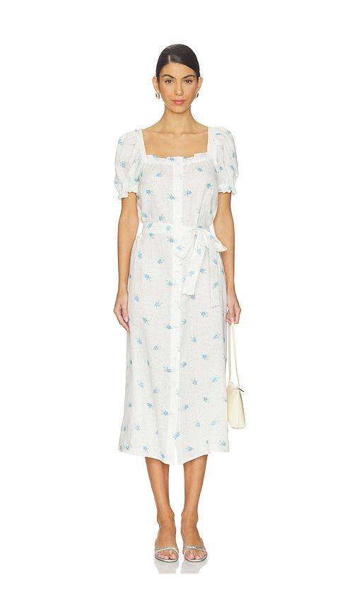 sleeper brigitte linen midi dress in white,blue. - size l (also in xs, s)
