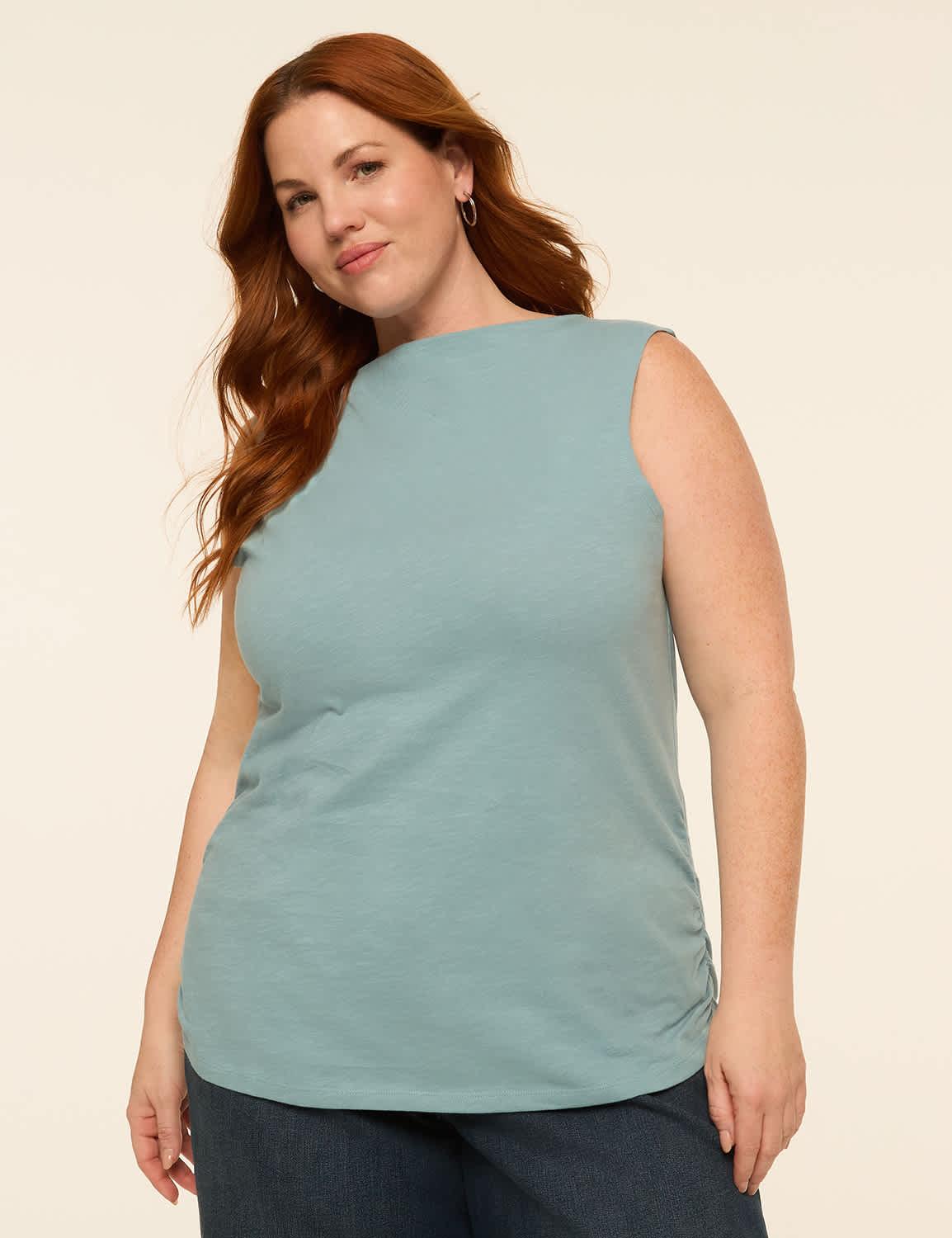 sleeveless boatneck side-ruched top