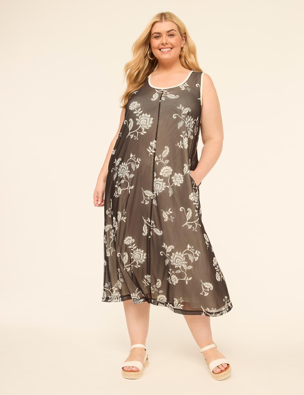 sleeveless double-layer mesh midi dress