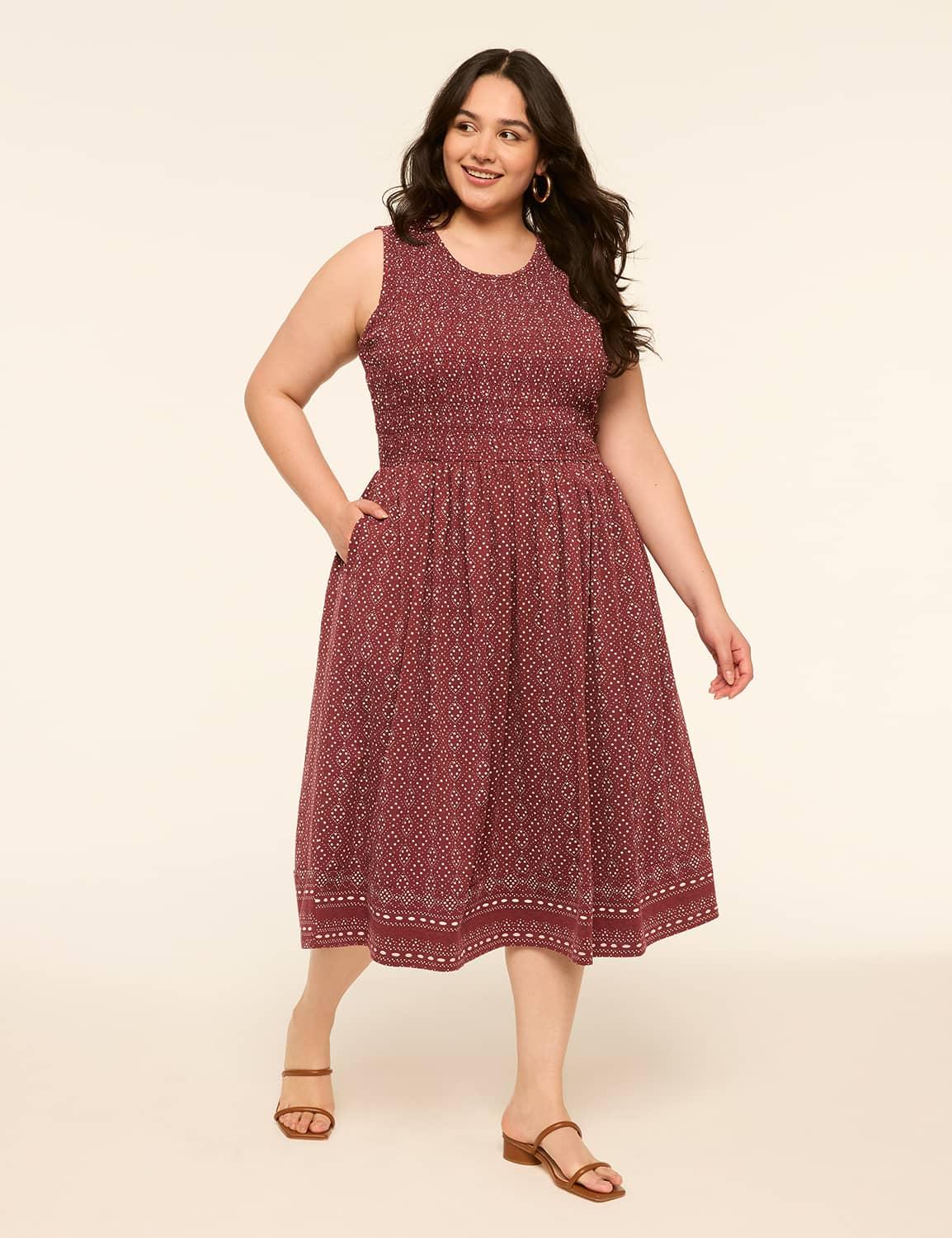 sleeveless smocked-bodice midi dress