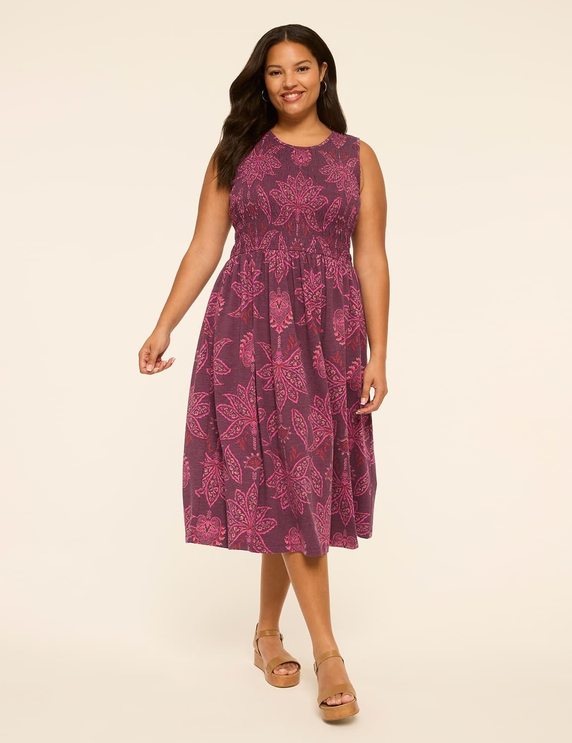 sleeveless smocked-bodice midi dress