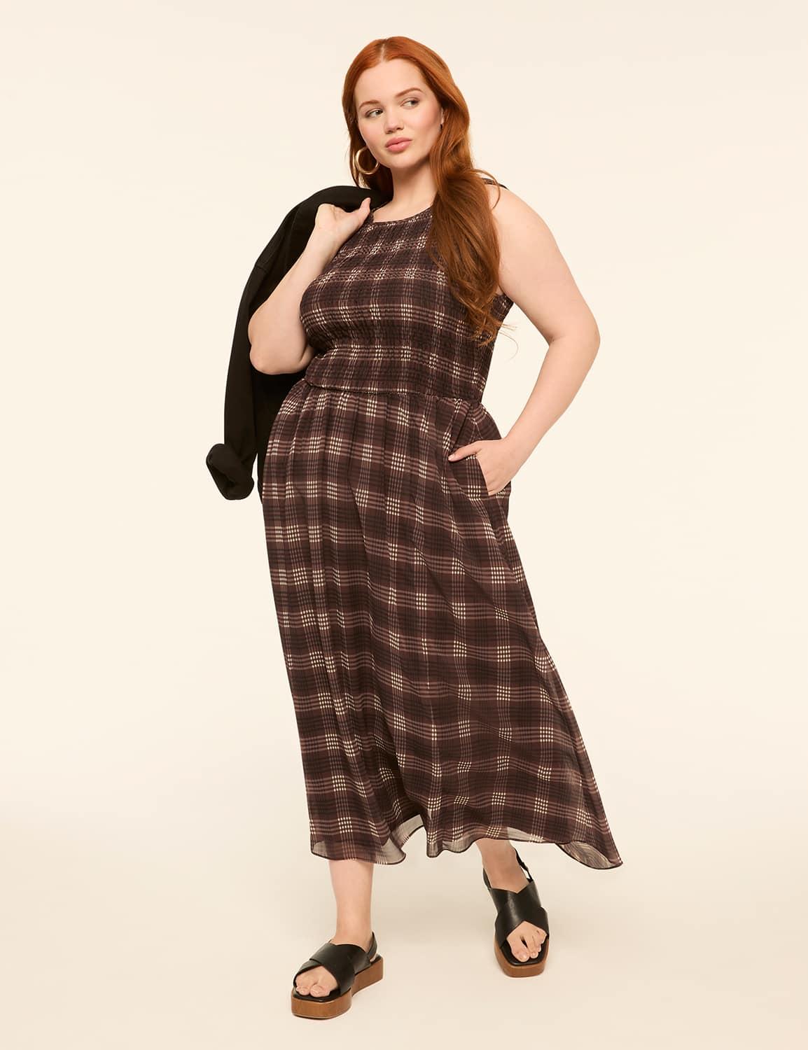 sleeveless smocked-bodice midi dress
