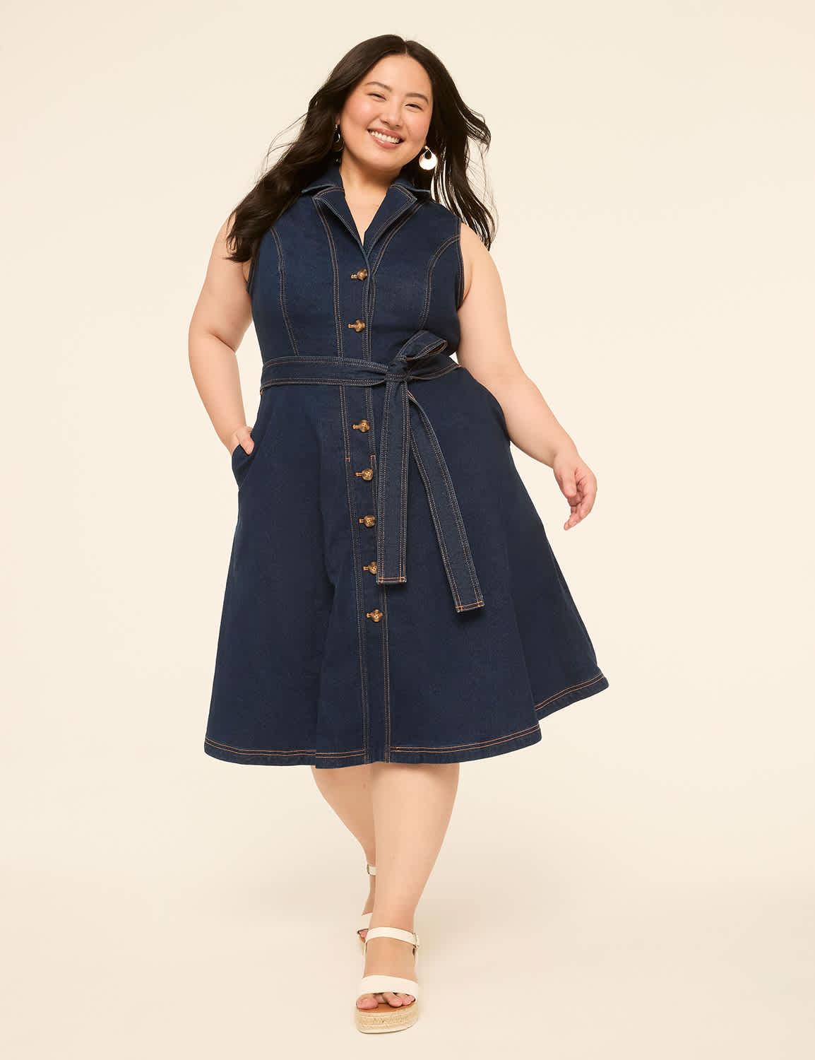 sleeveless tie-waist denim shirt dress