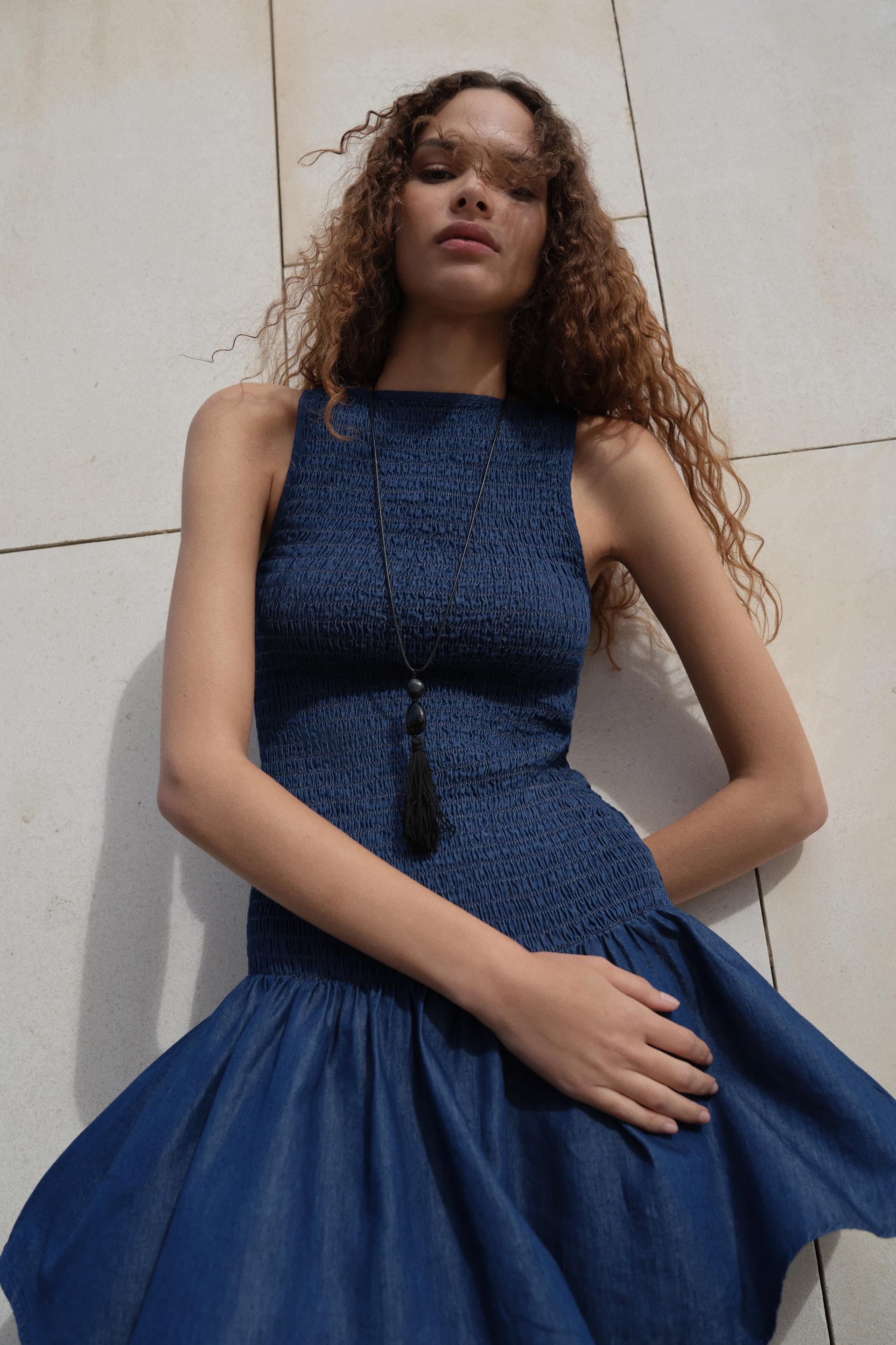 smocked denim dress