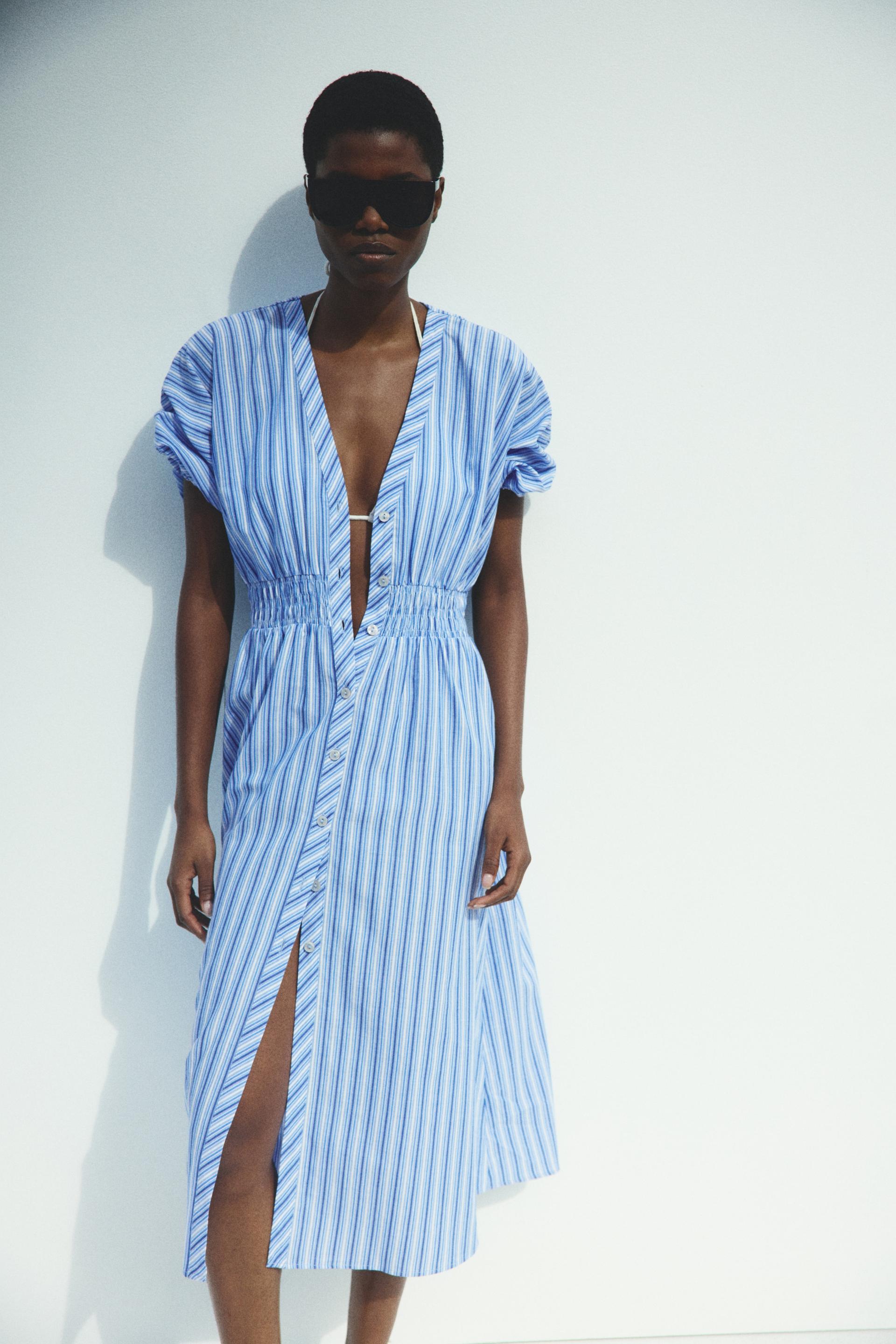 smocked-waist button-front dress