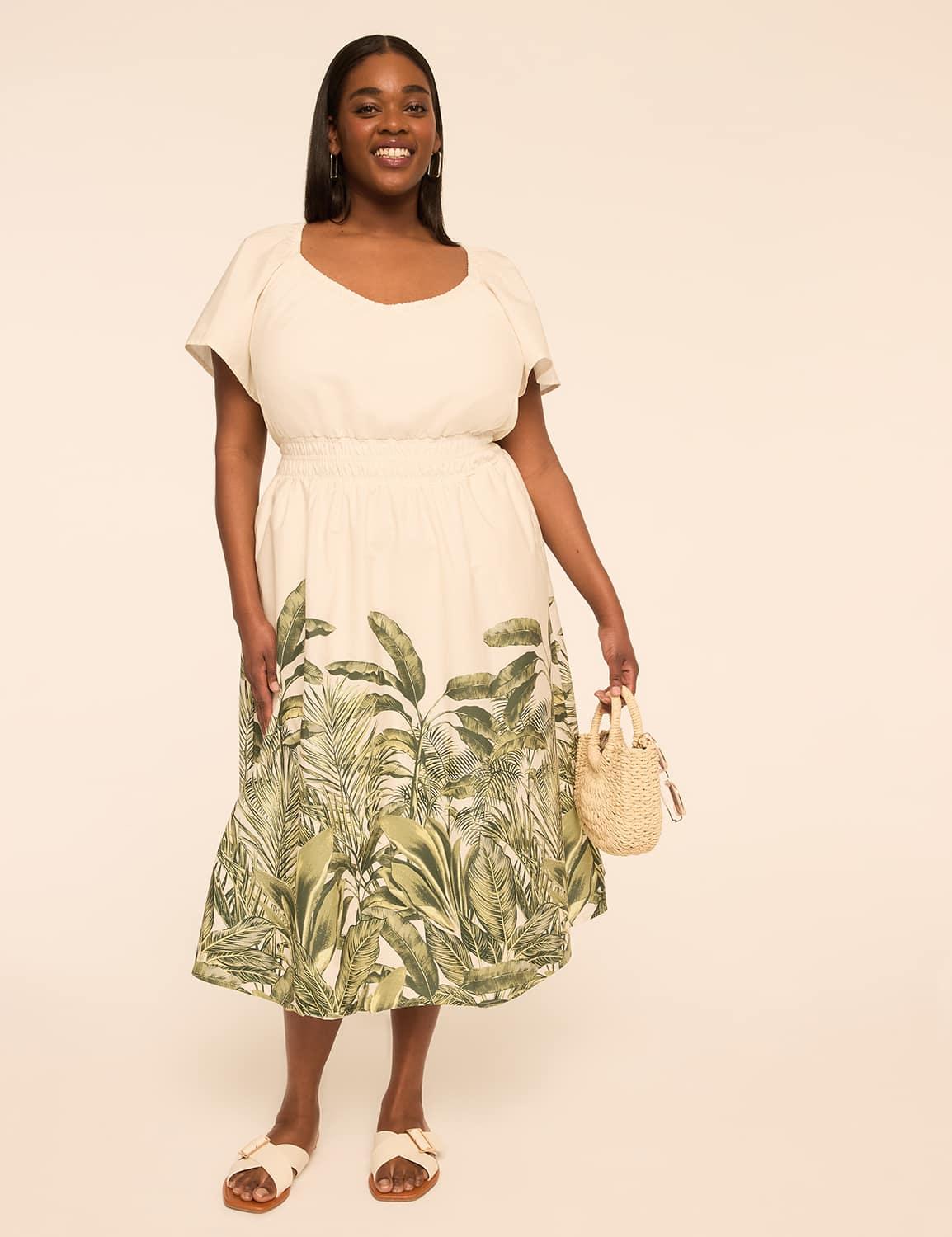 smocked-waist poplin midi dress