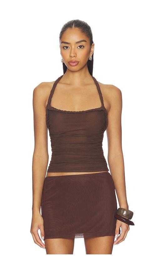 sndys gianna ruched halterneck top in chocolate. - size l (also in m, xl, xxl)