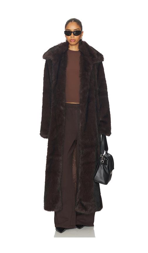 sndys leila faux fur coat in chocolate. - size s (also in xs)
