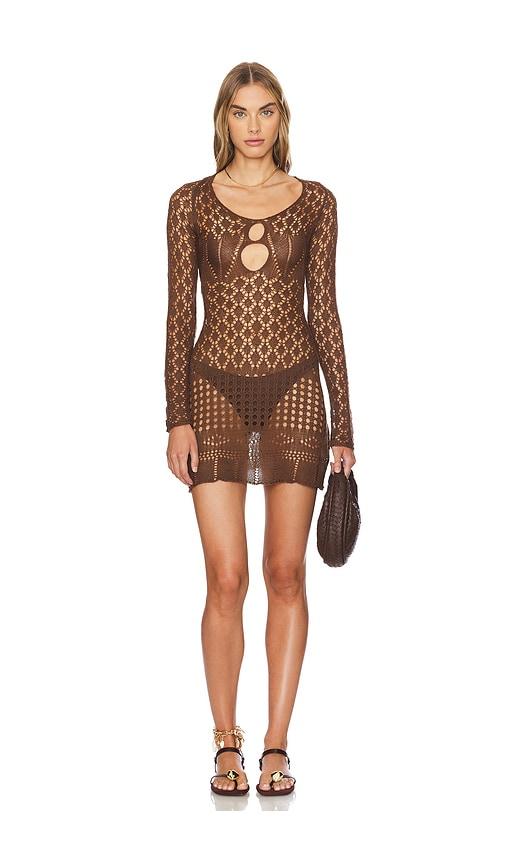 sndys long sleeve crochet mini dress in chocolate. - size m (also in s)
