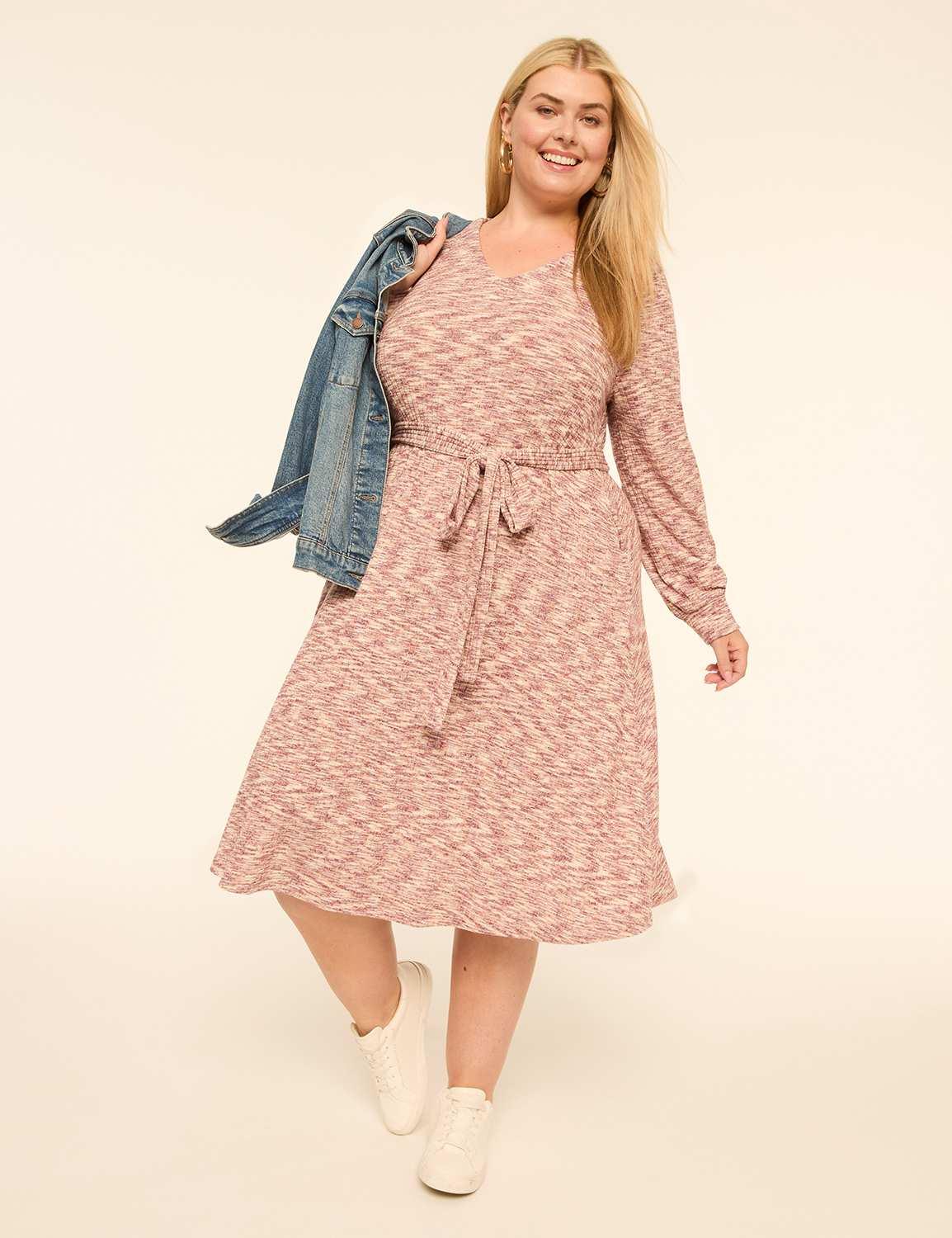 soft spun long-sleeve tie-waist midi dress