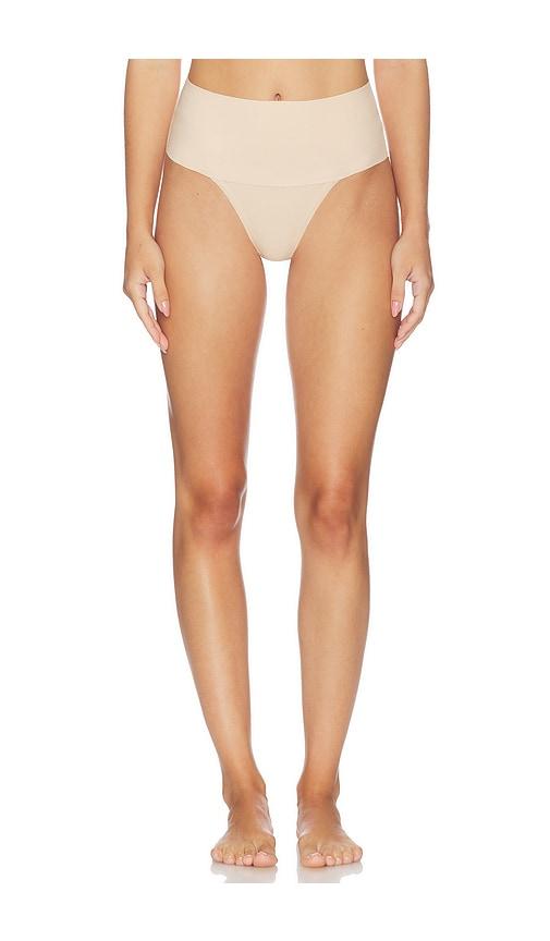 spanx supersmooth undie-tectable cotton thong in tan. - size xl (also in xs, xxl)