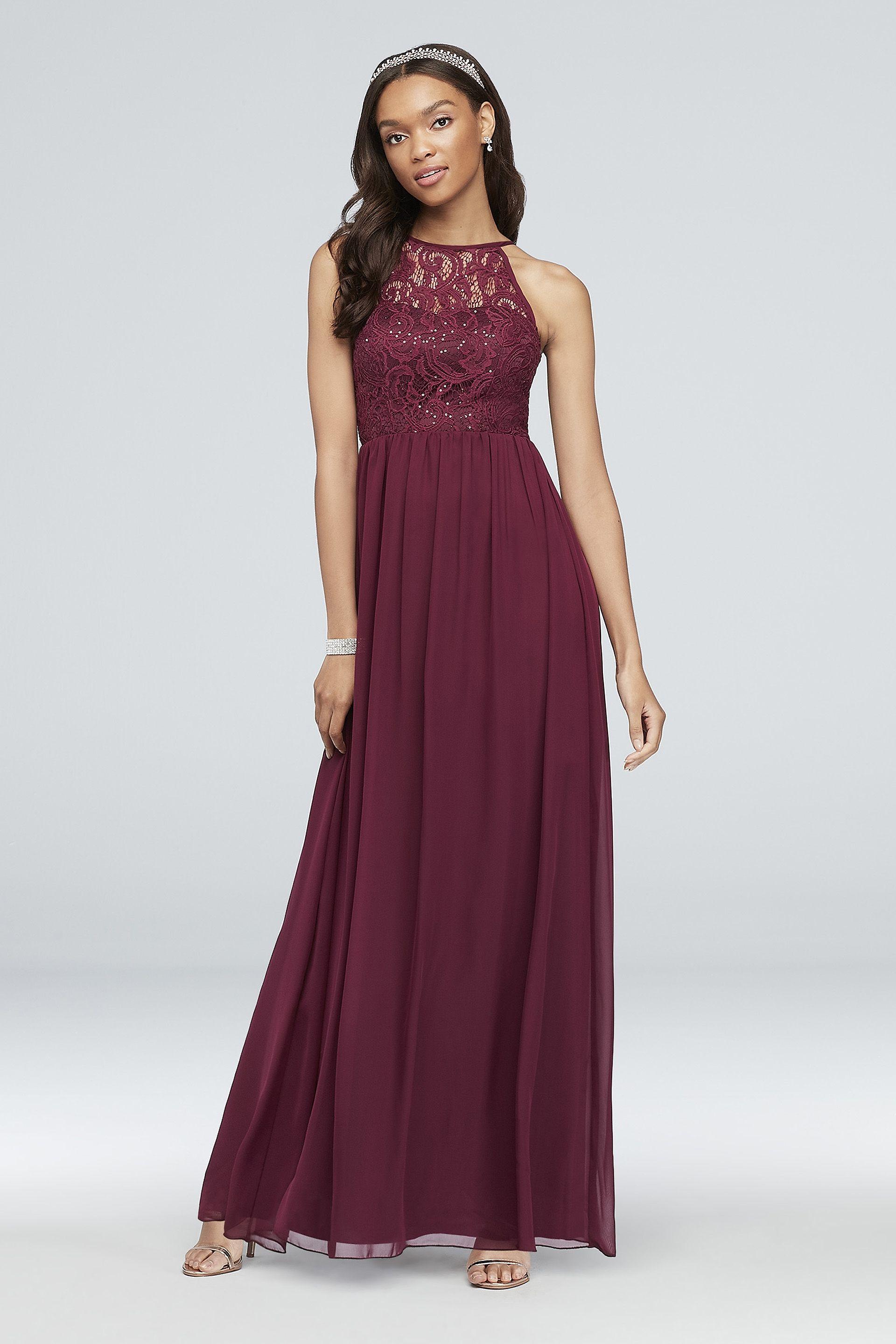 speechless illusion lace and chiffon halter a-line gown in wine size: 3 david's bridal