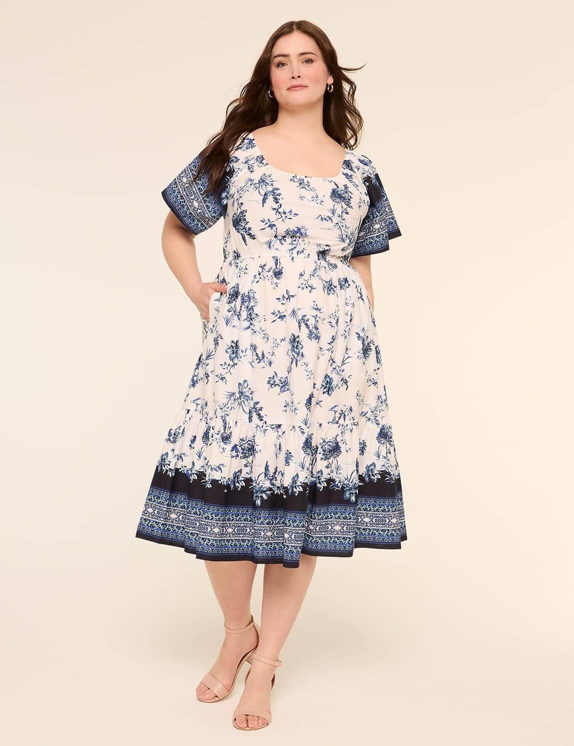 square-neck tiered midi dress