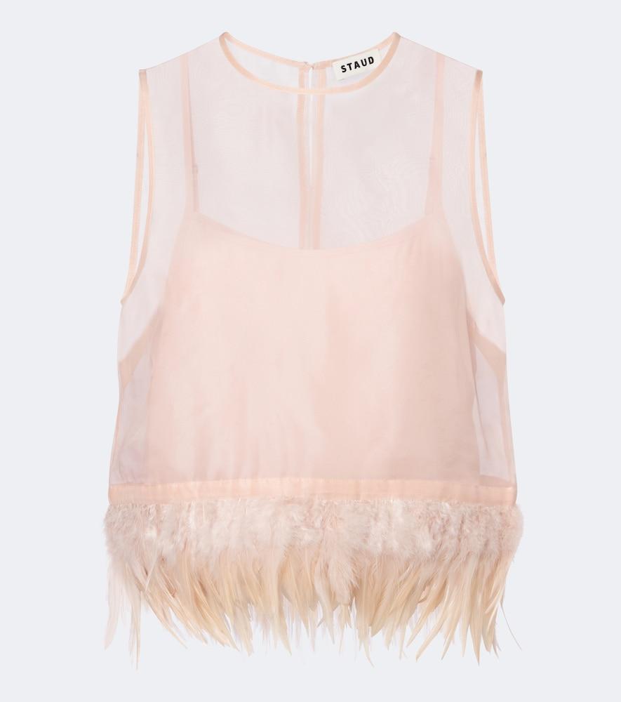 staud avi feather-trimmed silk top