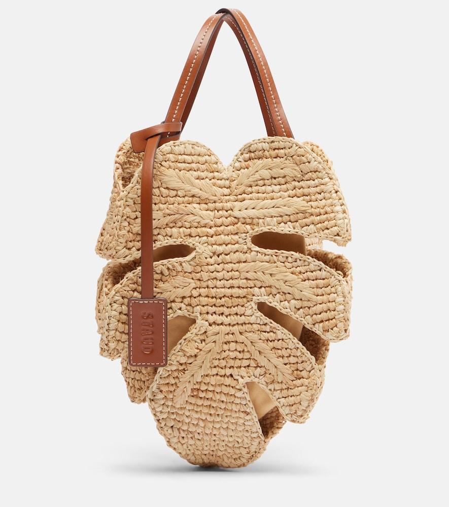 staud palm leather-trimmed raffia top-handle bag