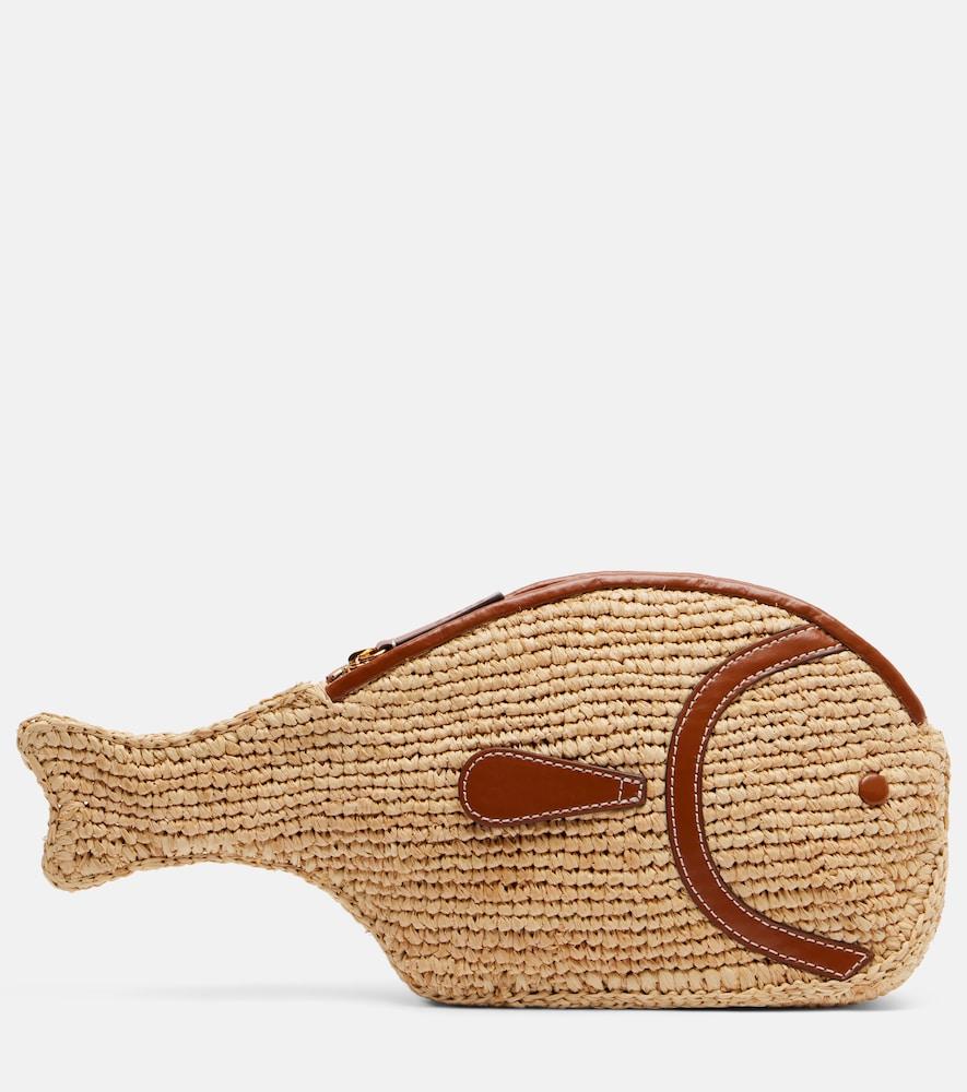 staud pesce leather-trimmed raffia clutch