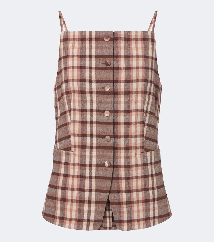staud una plaid linen-blend top