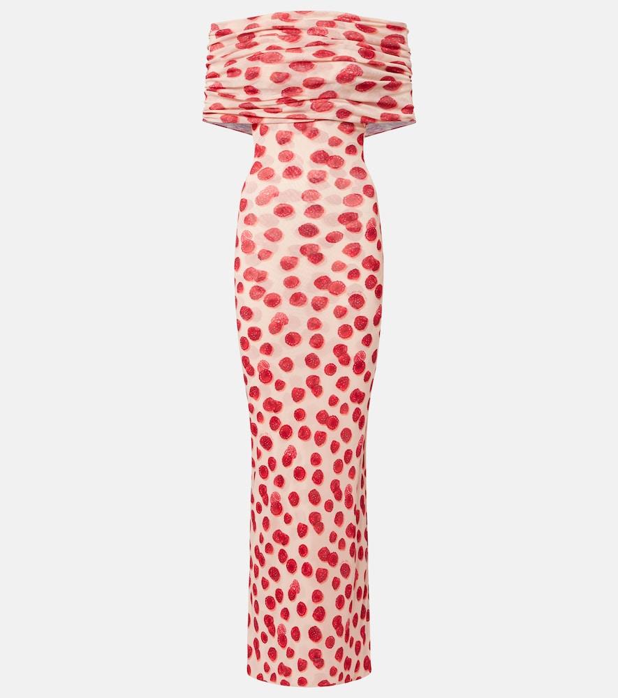 stella mccartney off-shoulder printed mesh maxi dress