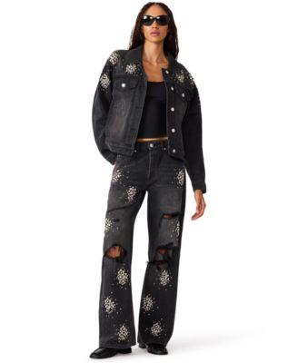 steve madden denim embellished jacket high rise wide leg distressed jeans