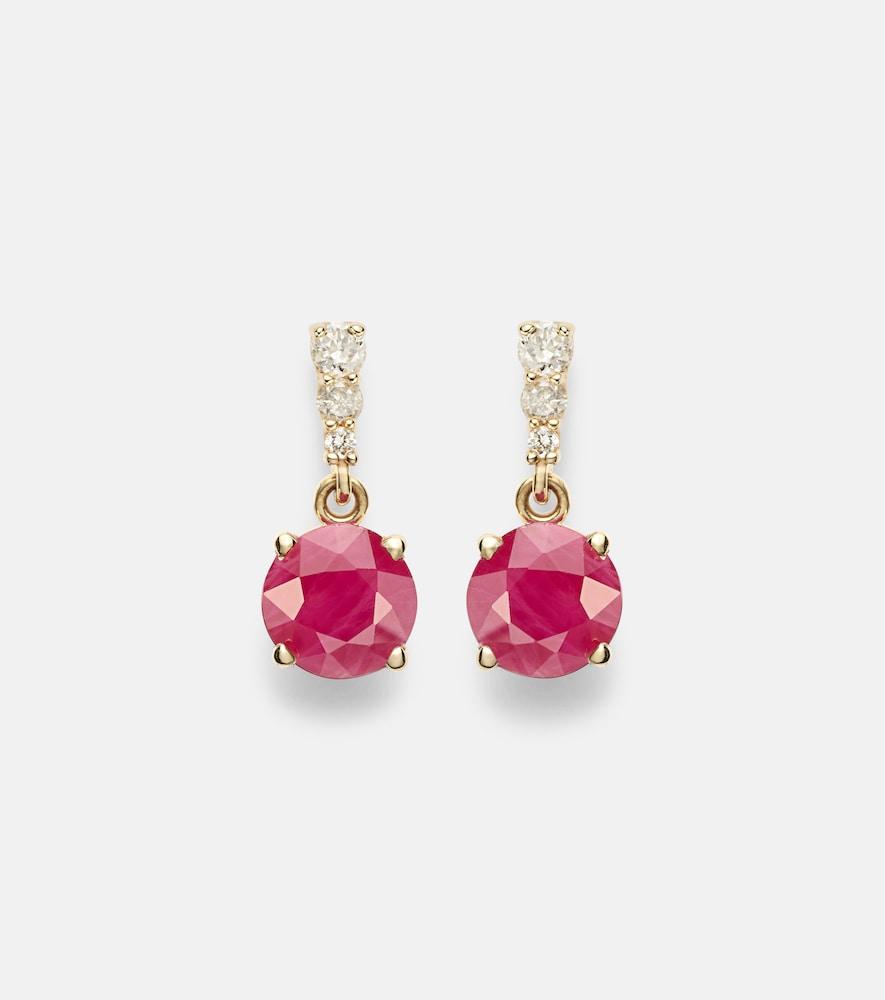 stone and strand 14kt gold earrings with rubies and diamonds