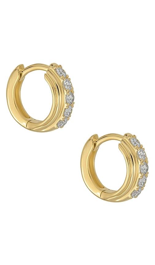 stone and strand dainty boulevard huggie earrings in metallic gold.