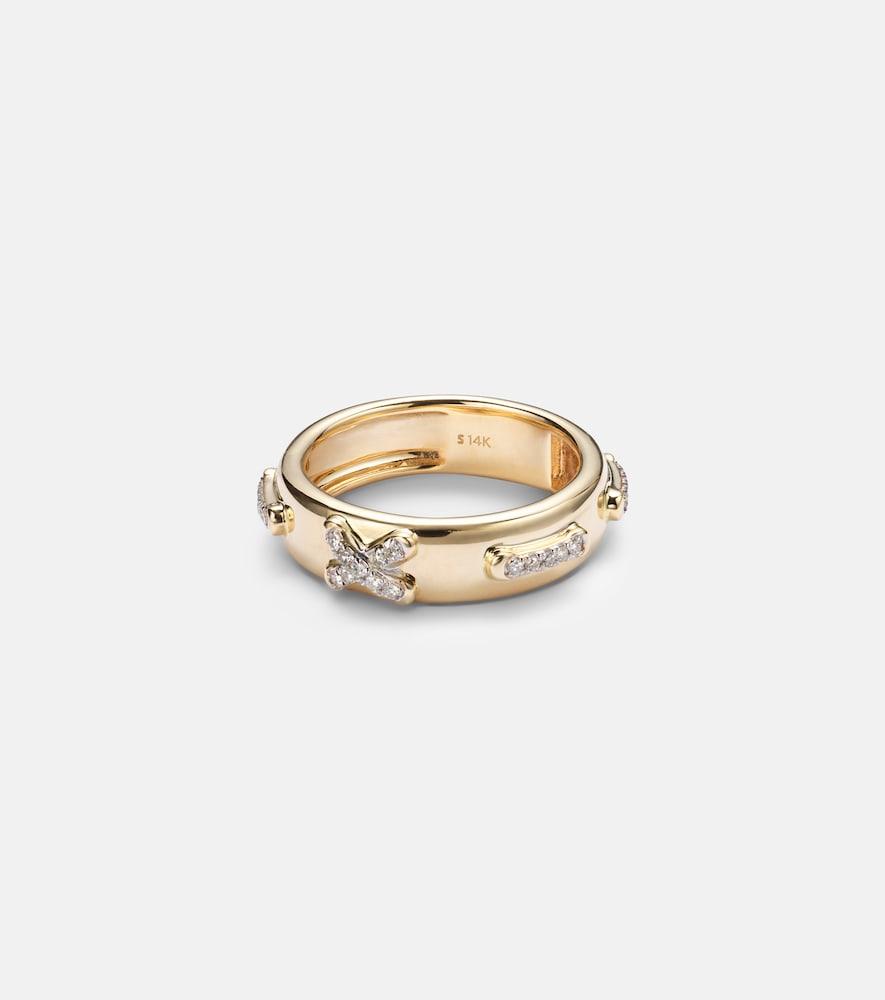 stone and strand diamond cross stitch 14kt gold ring with white diamonds