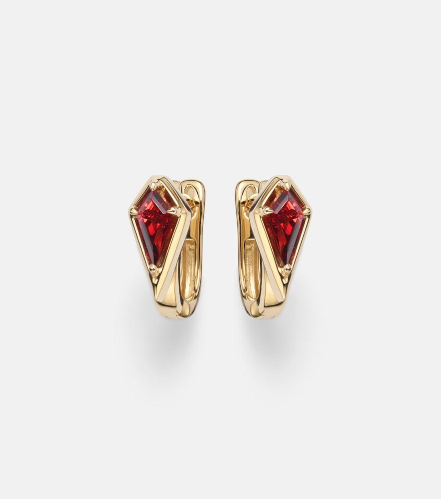 stone and strand kite 14kt gold huggie earrings with garnet