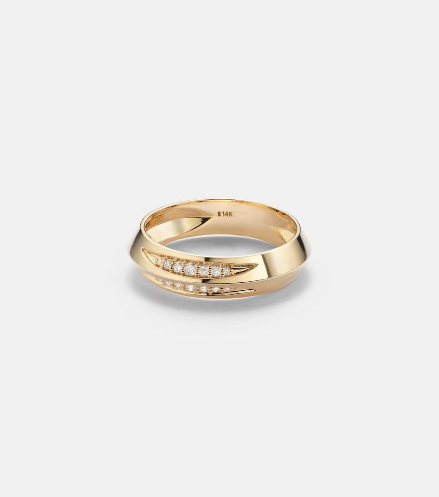 stone and strand knife edge 14kt gold ring with diamonds
