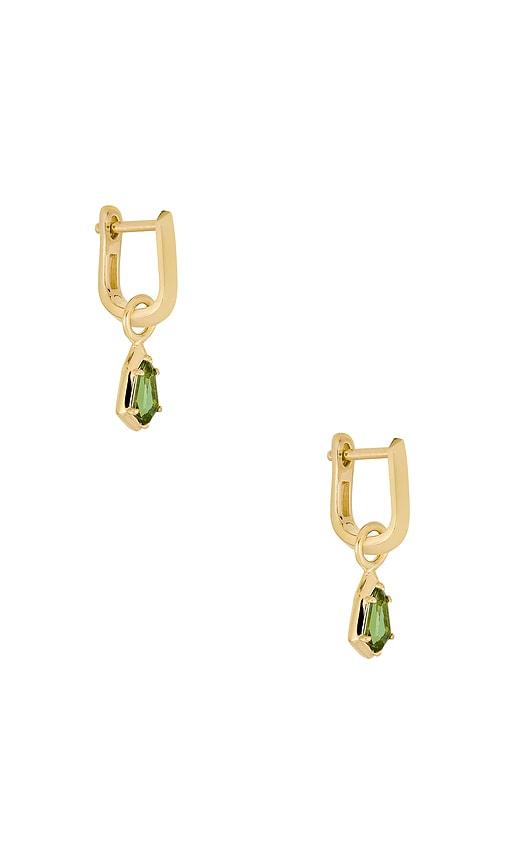 stone and strand knife edge shield drop hoop earrings in metallic gold.
