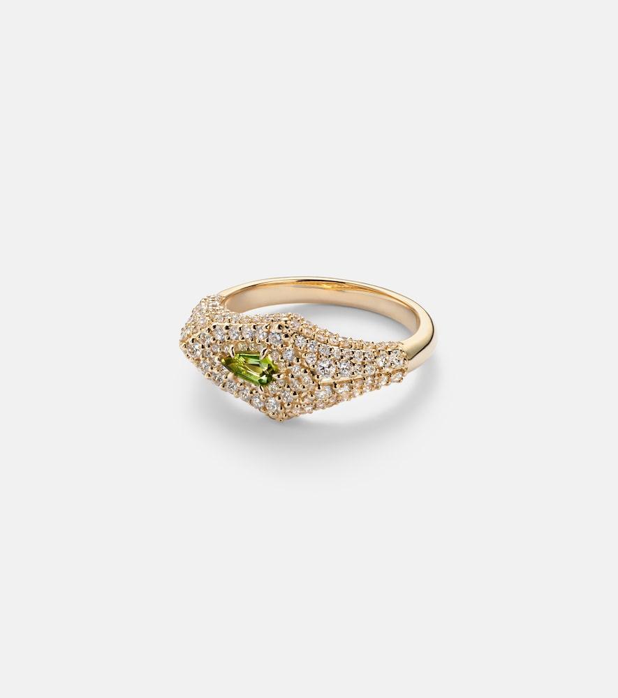 stone and strand shield 14kt gold ring with diamonds and tourmaline