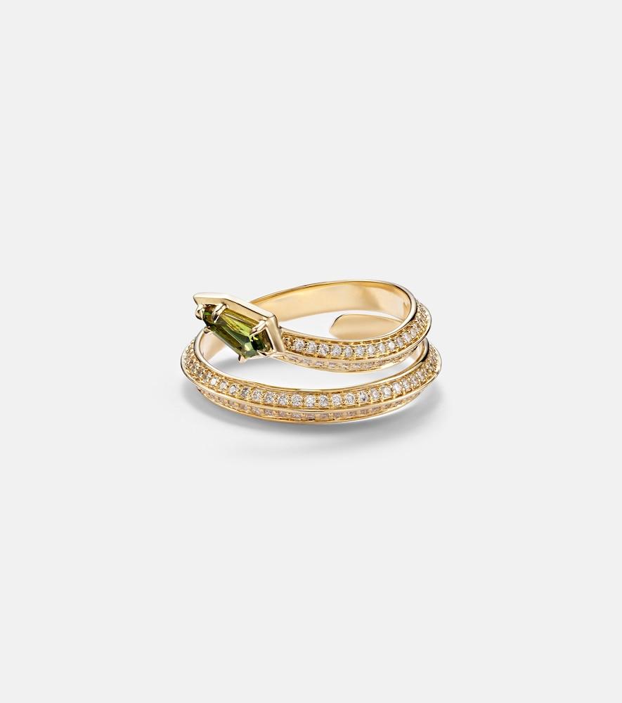 stone and strand shield serpent 14kt gold ring with diamonds and green tourmaline