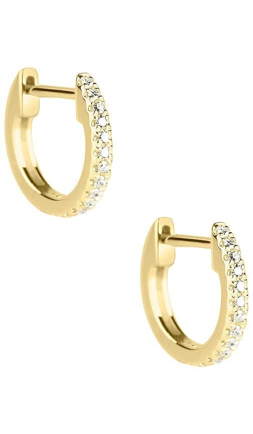 stone and strand white diamond pave huggie earrings in metallic gold.