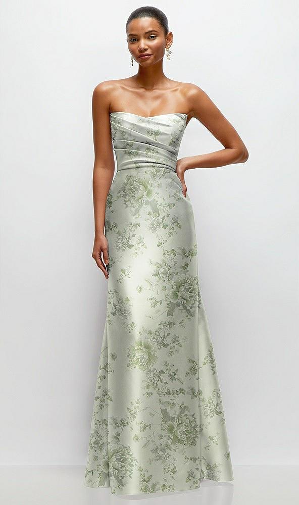 strapless cat-eye draped bodice floral satin trumpet dress