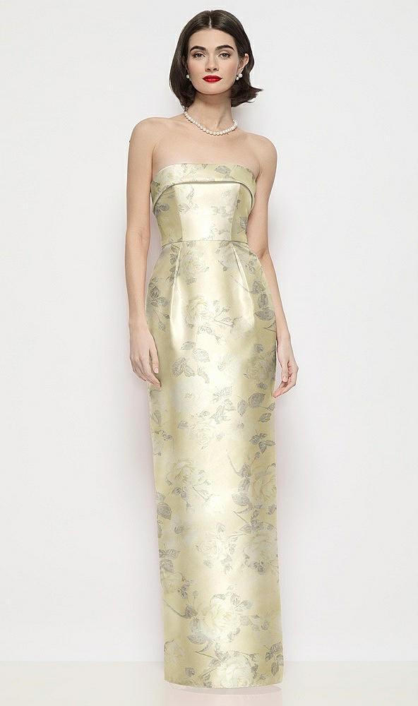 strapless cuff neck floral satin maxi dress with column skirt