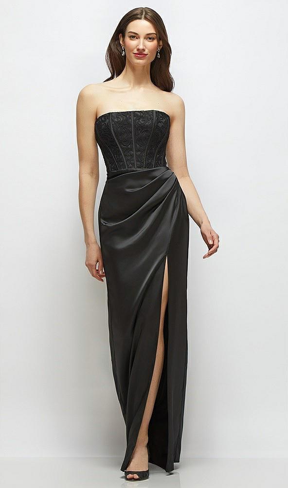 strapless lace and satin corset maxi dress with draped column skirt
