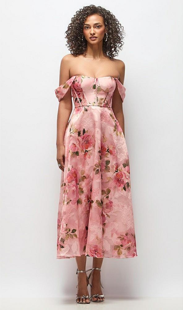 strapless organza jacquard bustier midi dress with off-the-shoulder swags