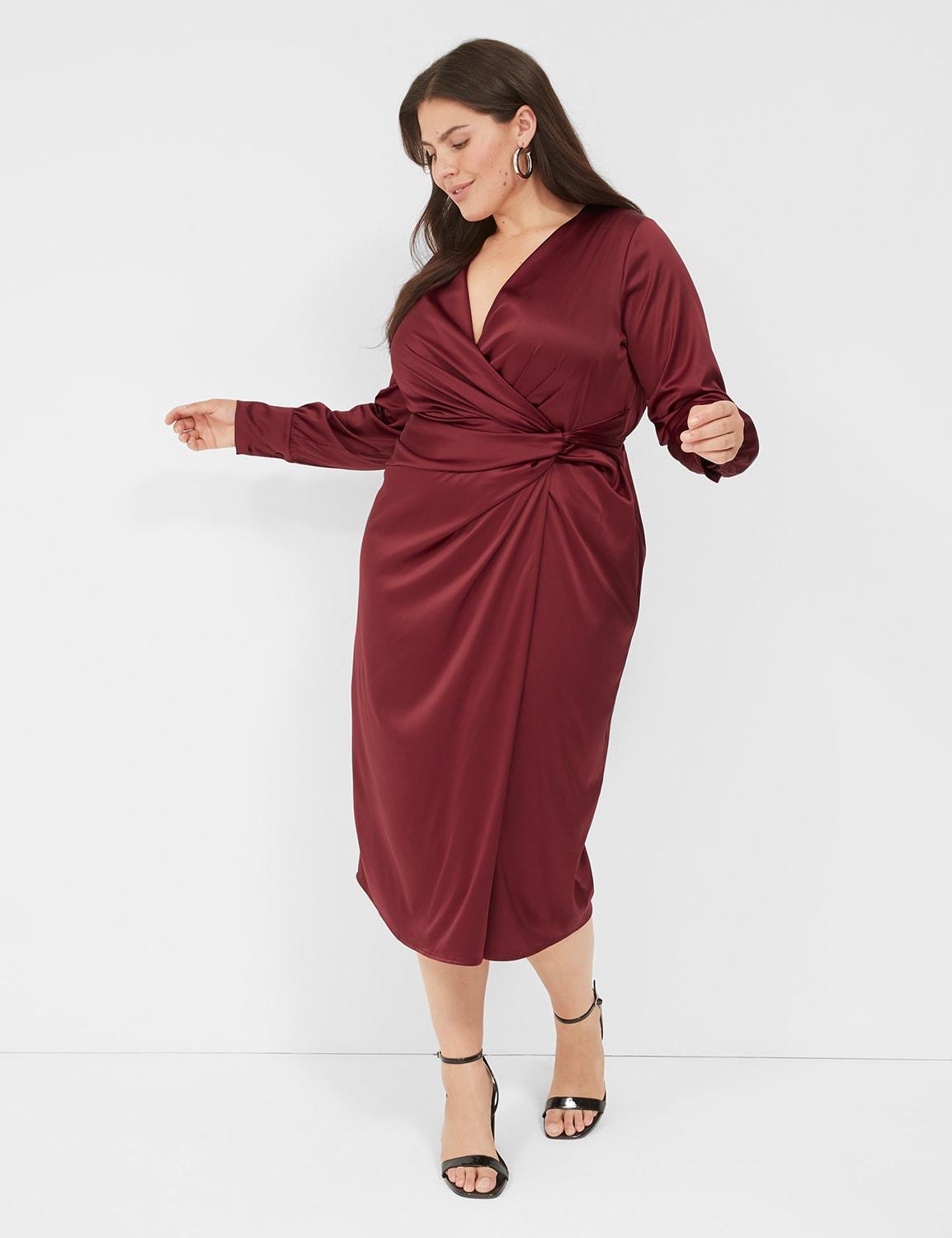 stretch satin surplice knot-front midi dress