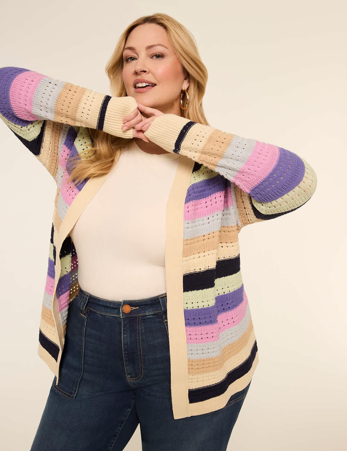 striped open-front cardigan