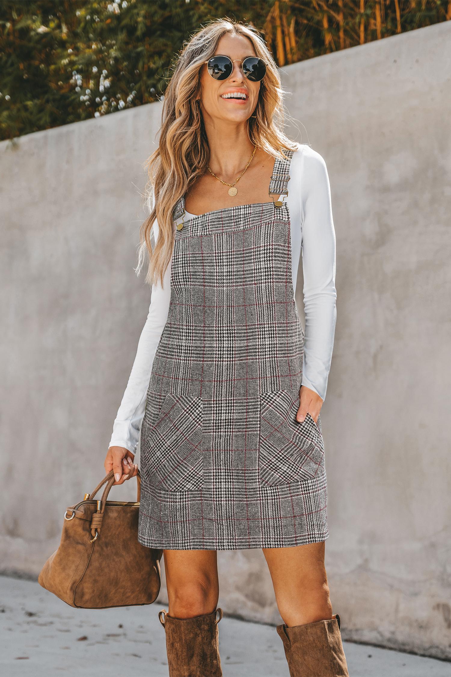 study break plaid mini dress - l
