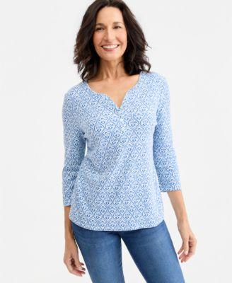 style co womens printed 3 4 sleeve henley top macys exclusive