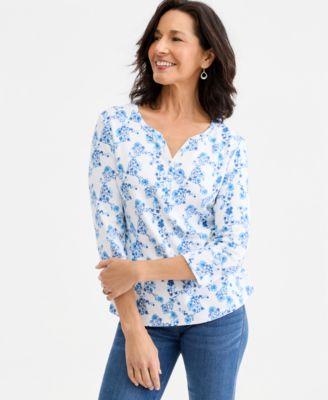 style co womens printed 3 4 sleeve henley top macys exclusive