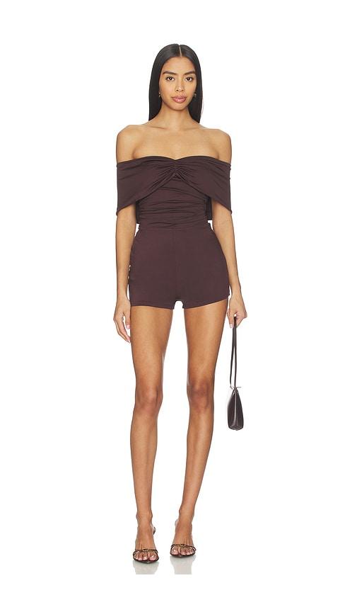 superdown cher off shoulder romper in brown. - size l (also in xxs, xs, s, m, xl)