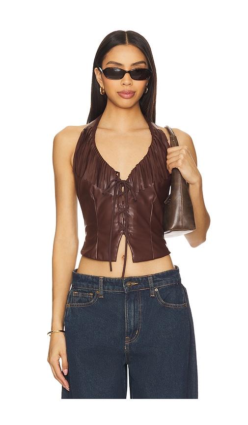 superdown kay faux leather top in chocolate. - size s (also in xxs)