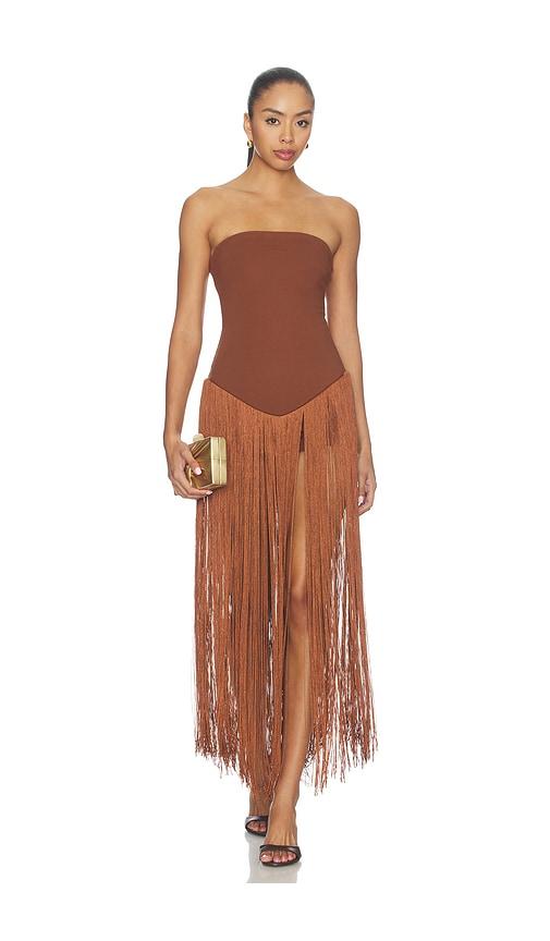 superdown tea fringe romper in brown. - size l (also in xxs, xs, s, m)