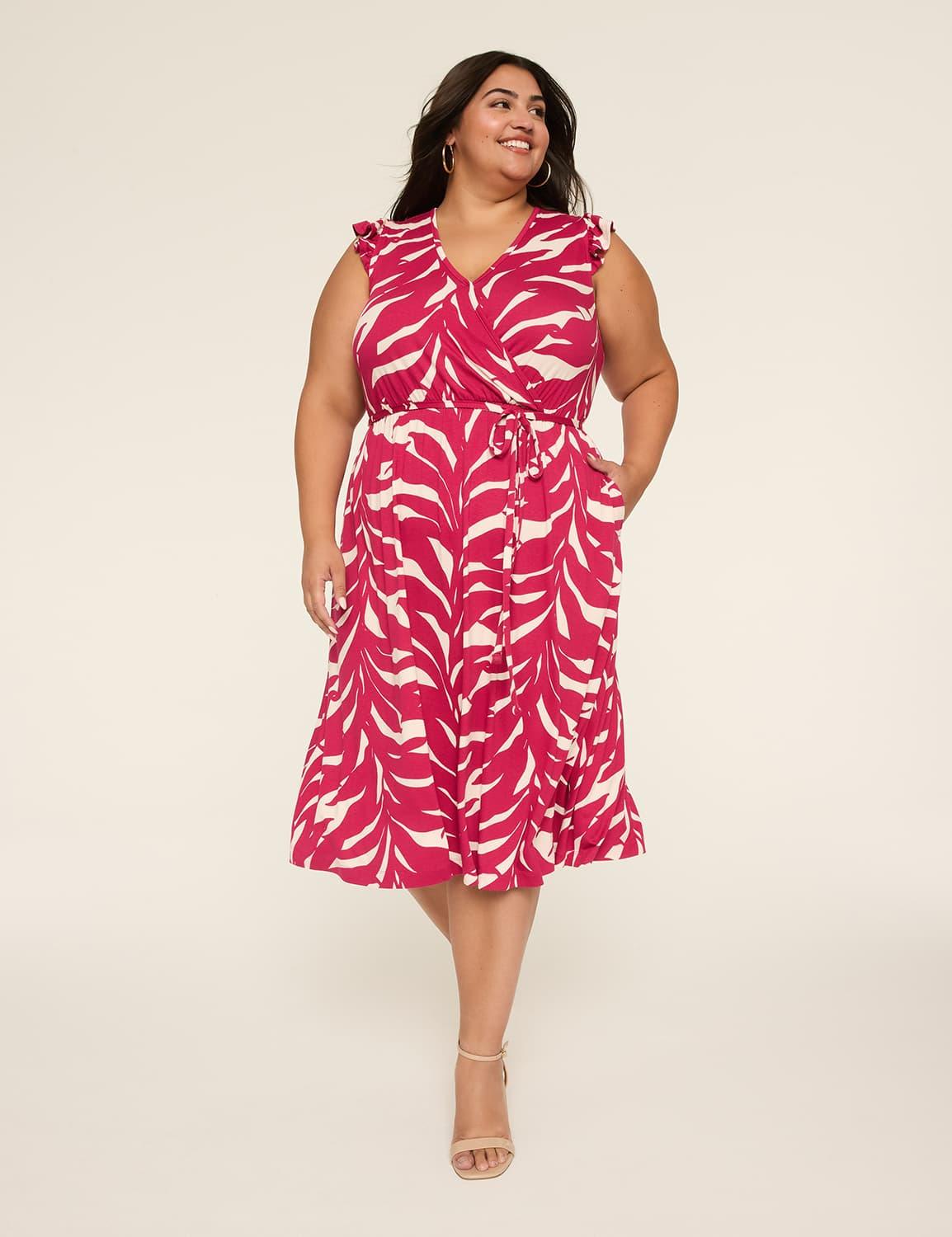 surplice-neck flutter-sleeve midi dress