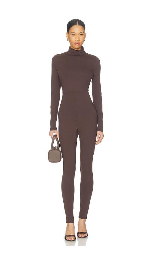 susana monaco carryover mock neck jumpsuit in chocolate. - size l (also in s, xs, m, xl)