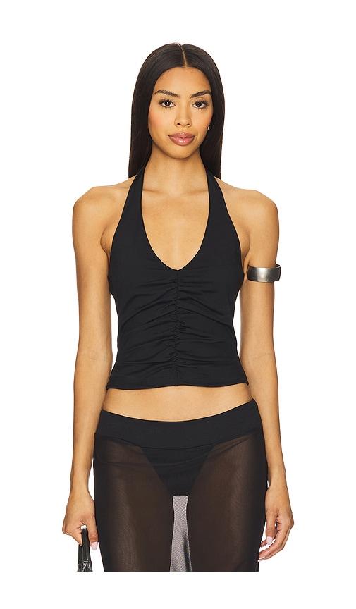 susana monaco center gathered tie halter top in black. - size l (also in xl)