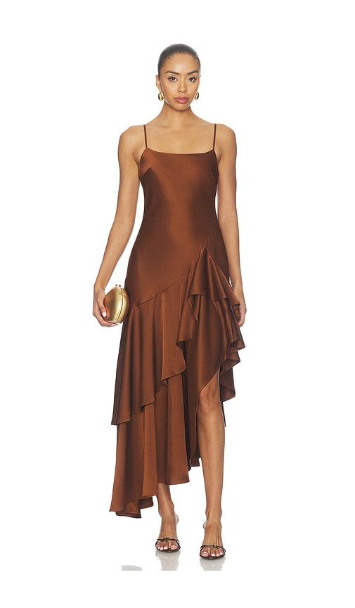 susana monaco double ruffle high low dress in brown. - size 0 (also in 2, 4, 6)